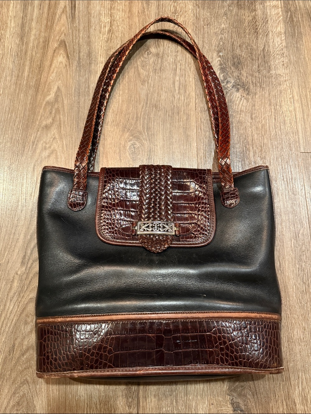 Vintage Brighton Brown Croc-Embossed Black Leather Shoulder Bag Tote - Picture 2 of 10
